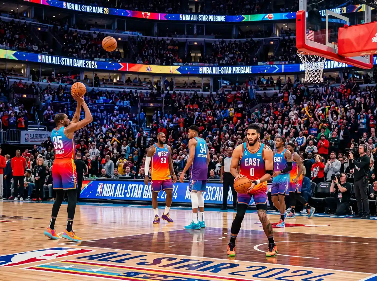 Basketball players in colourful All-Star jerseys during pregame warmups