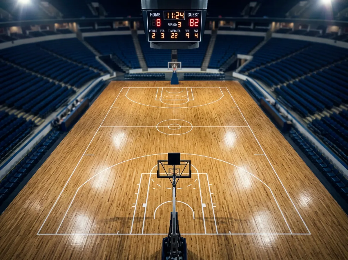 Basketball court with statistical overlay showing team spread performance data