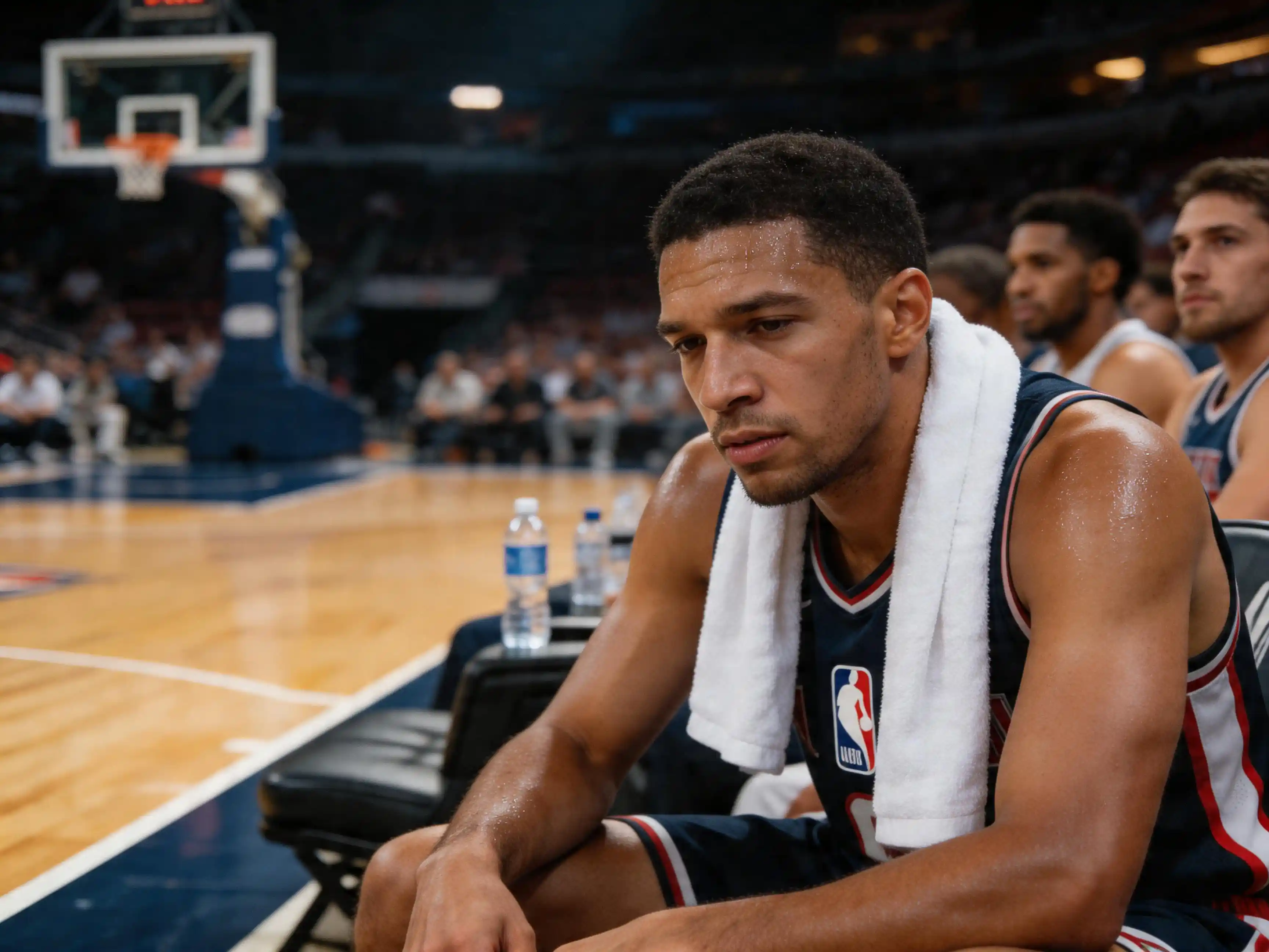 Tired basketball player resting on bench during NBA game