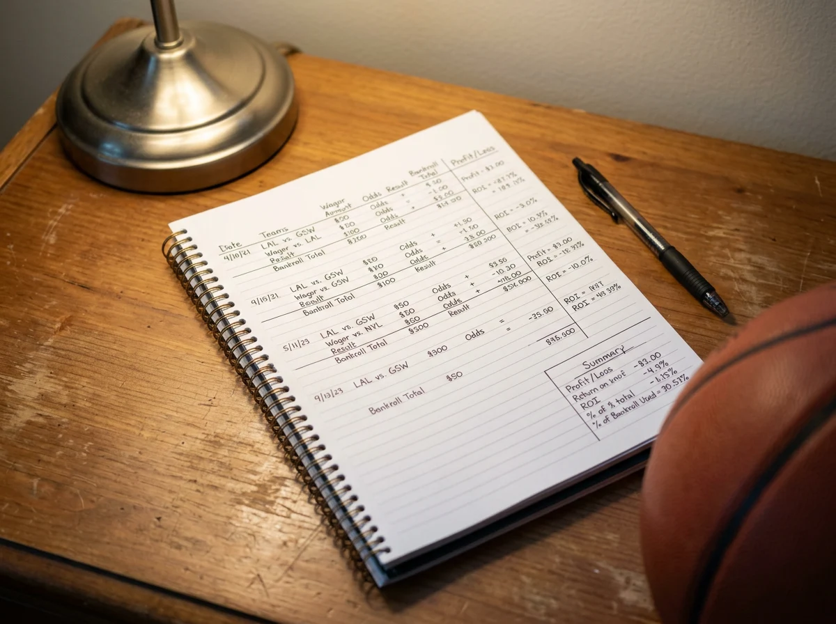 Notebook with NBA betting records and unit tracking calculations