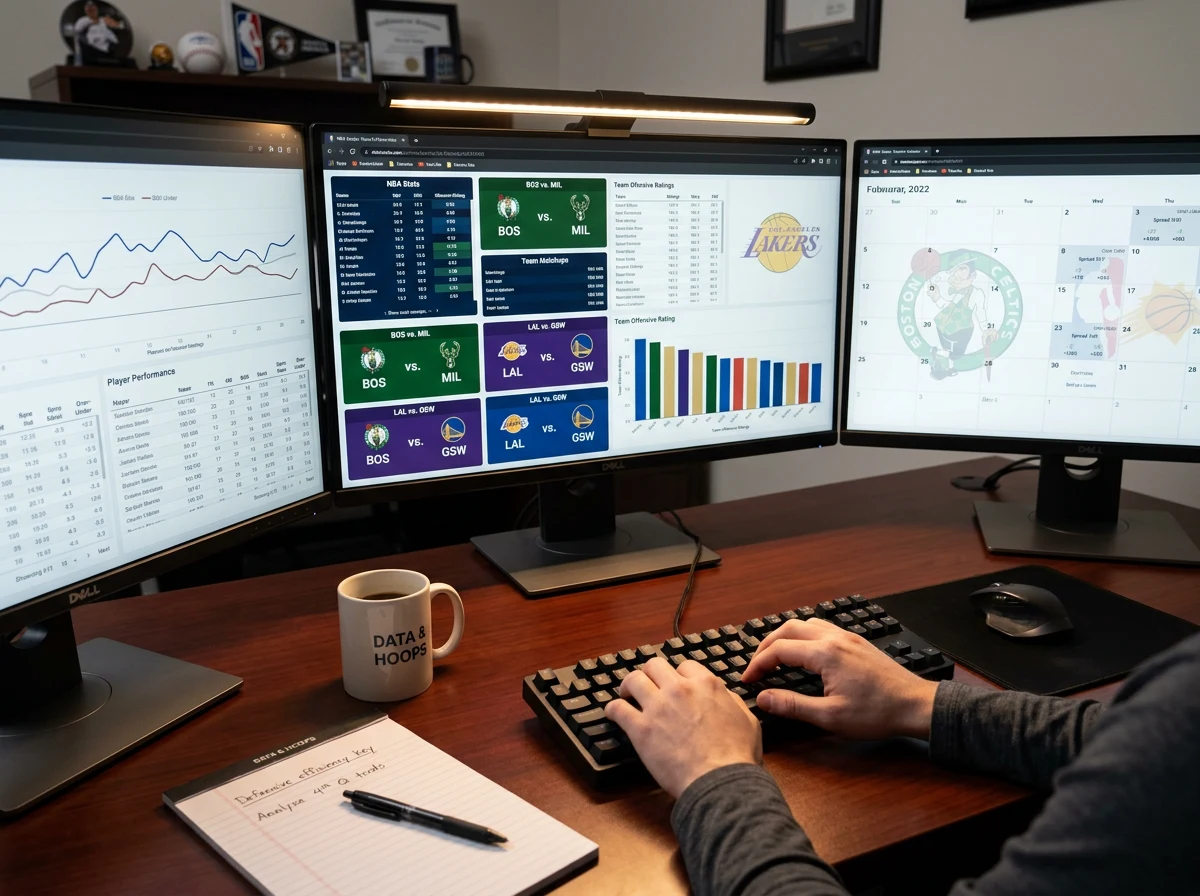 Professional basketball analyst reviewing NBA statistics and matchup data