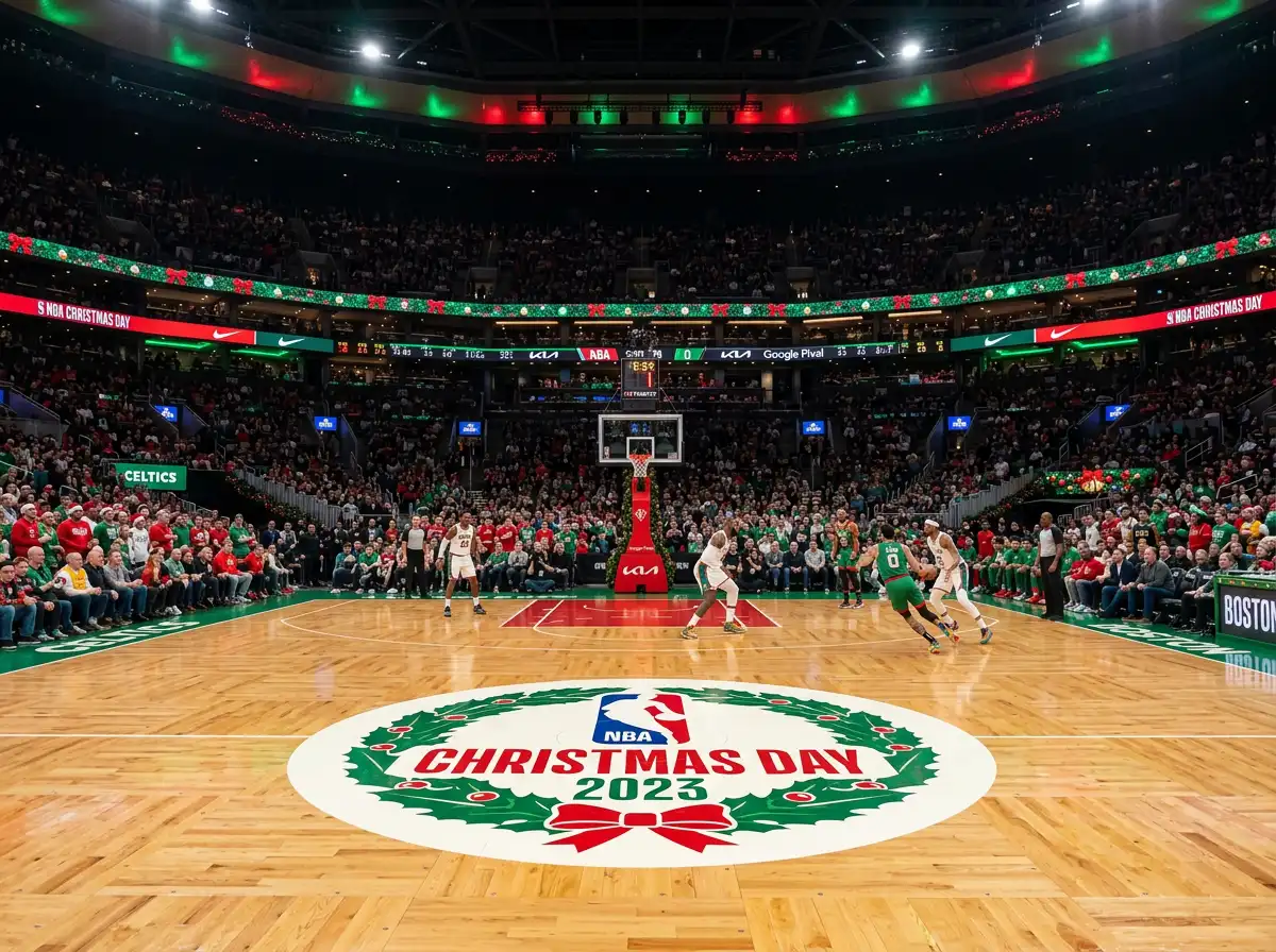 Basketball court decorated with holiday elements and festive lighting
