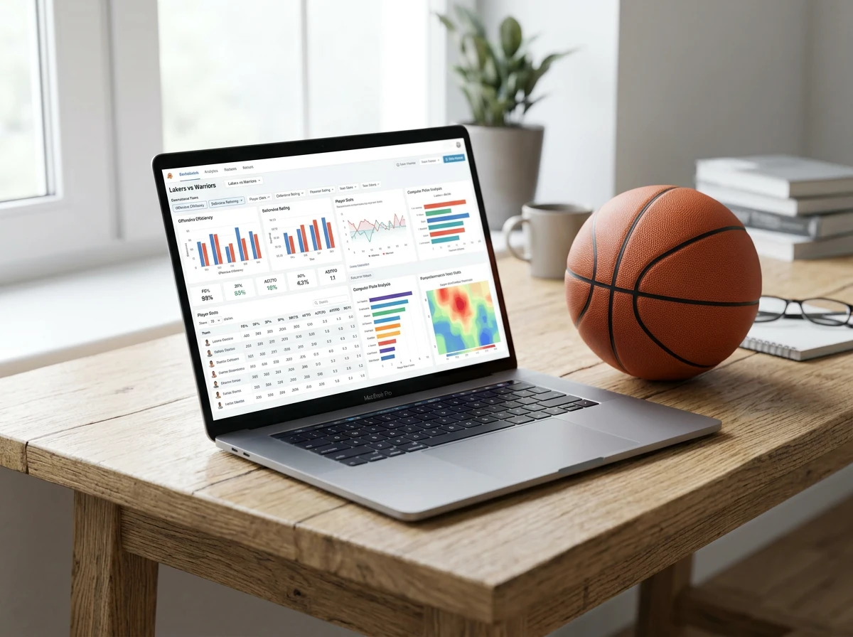 Laptop screen showing basketball statistics and data analytics charts