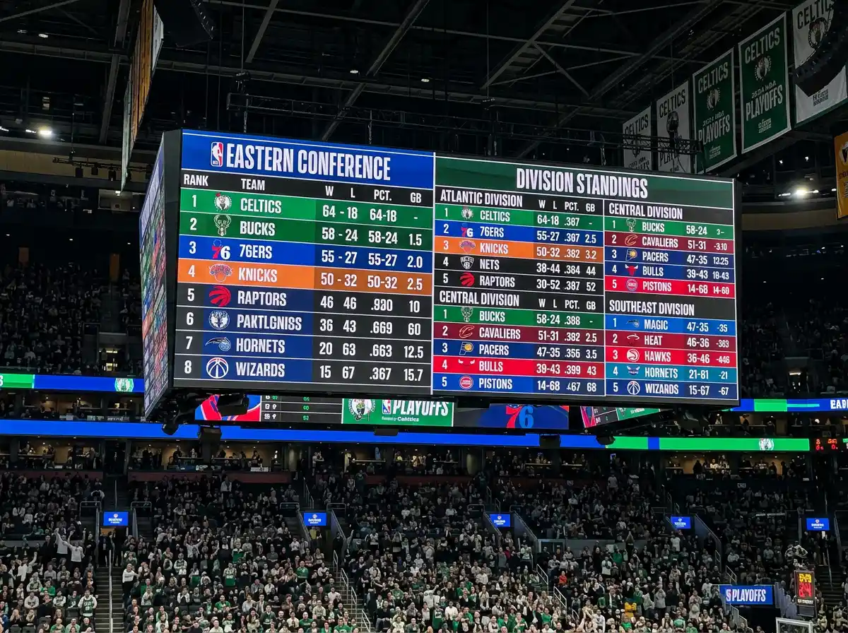 Basketball conference standings board showing division rankings