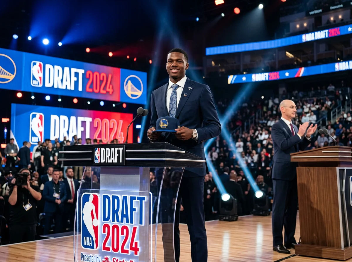 Basketball prospect in suit holding team cap at NBA Draft podium