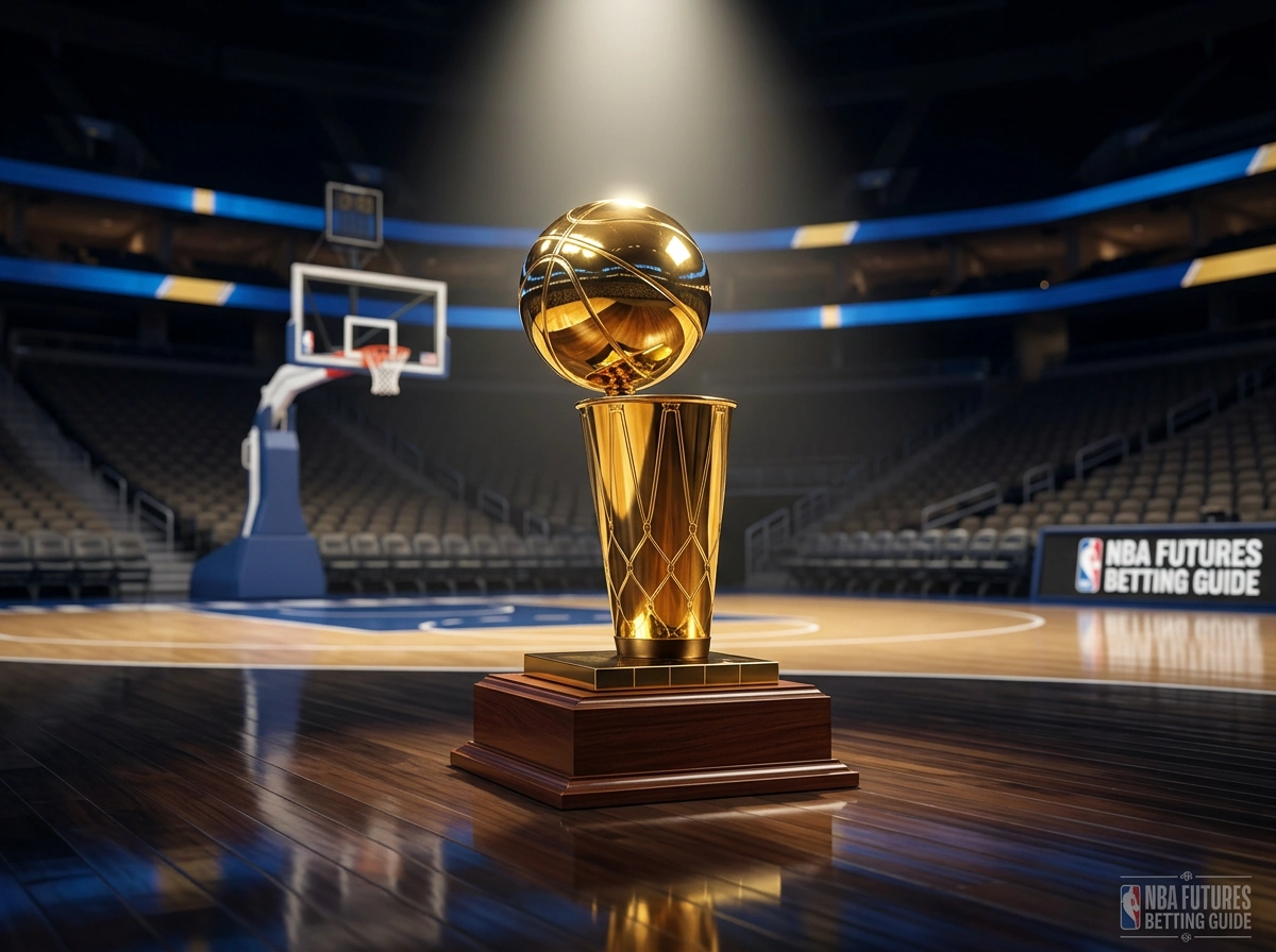 NBA championship trophy on basketball court with arena lights