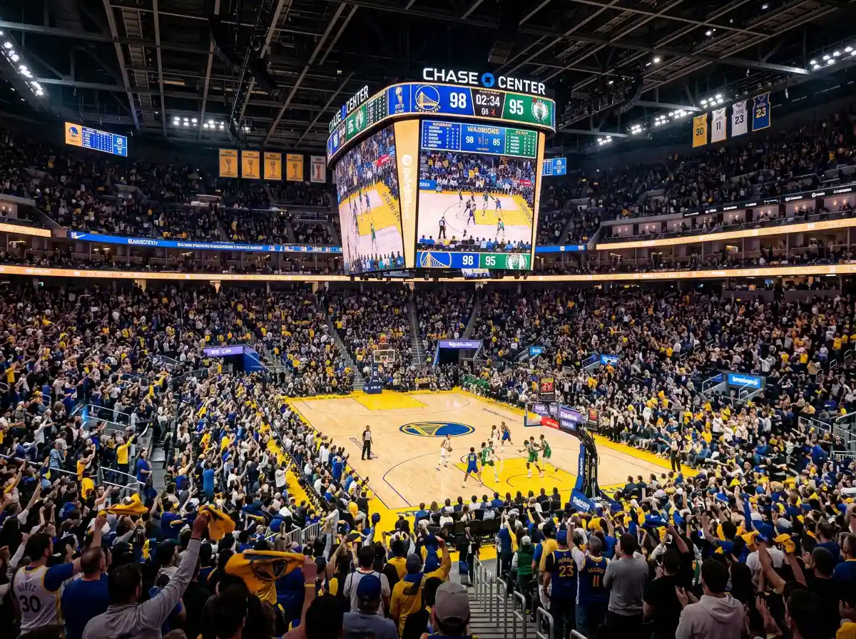 Crowded NBA arena with fans cheering during home basketball game
