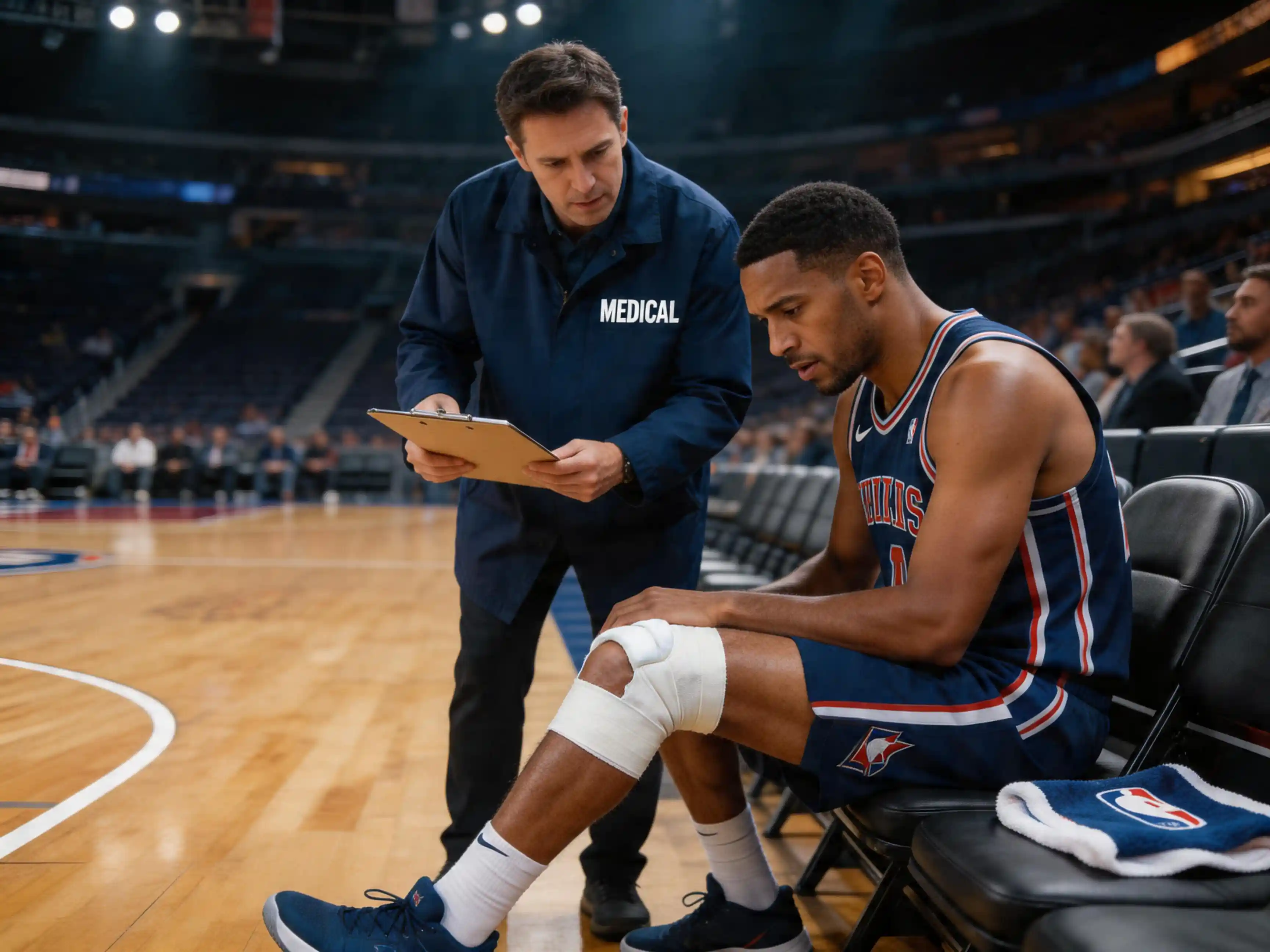 NBA player with athletic tape on knee sitting on sideline bench