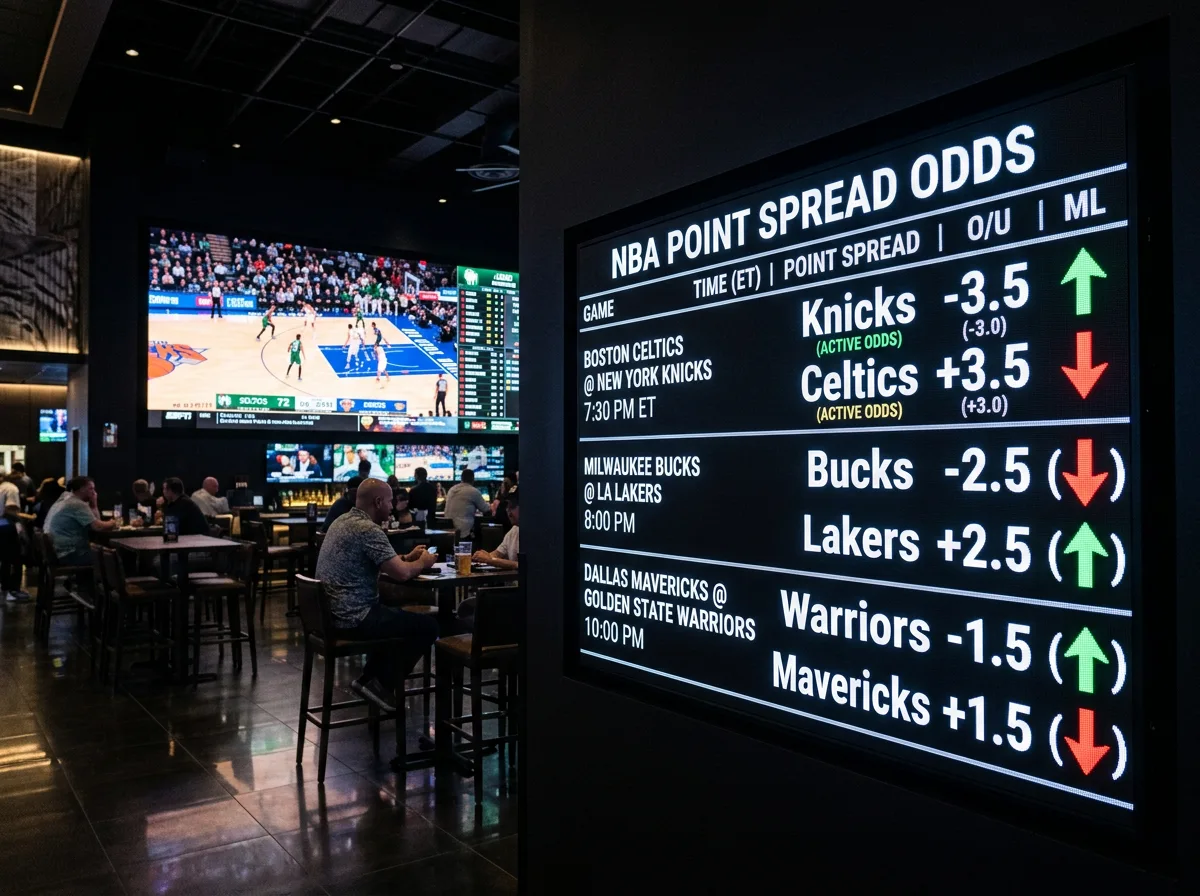 Basketball scoreboard displaying point spread odds with line movement indicators