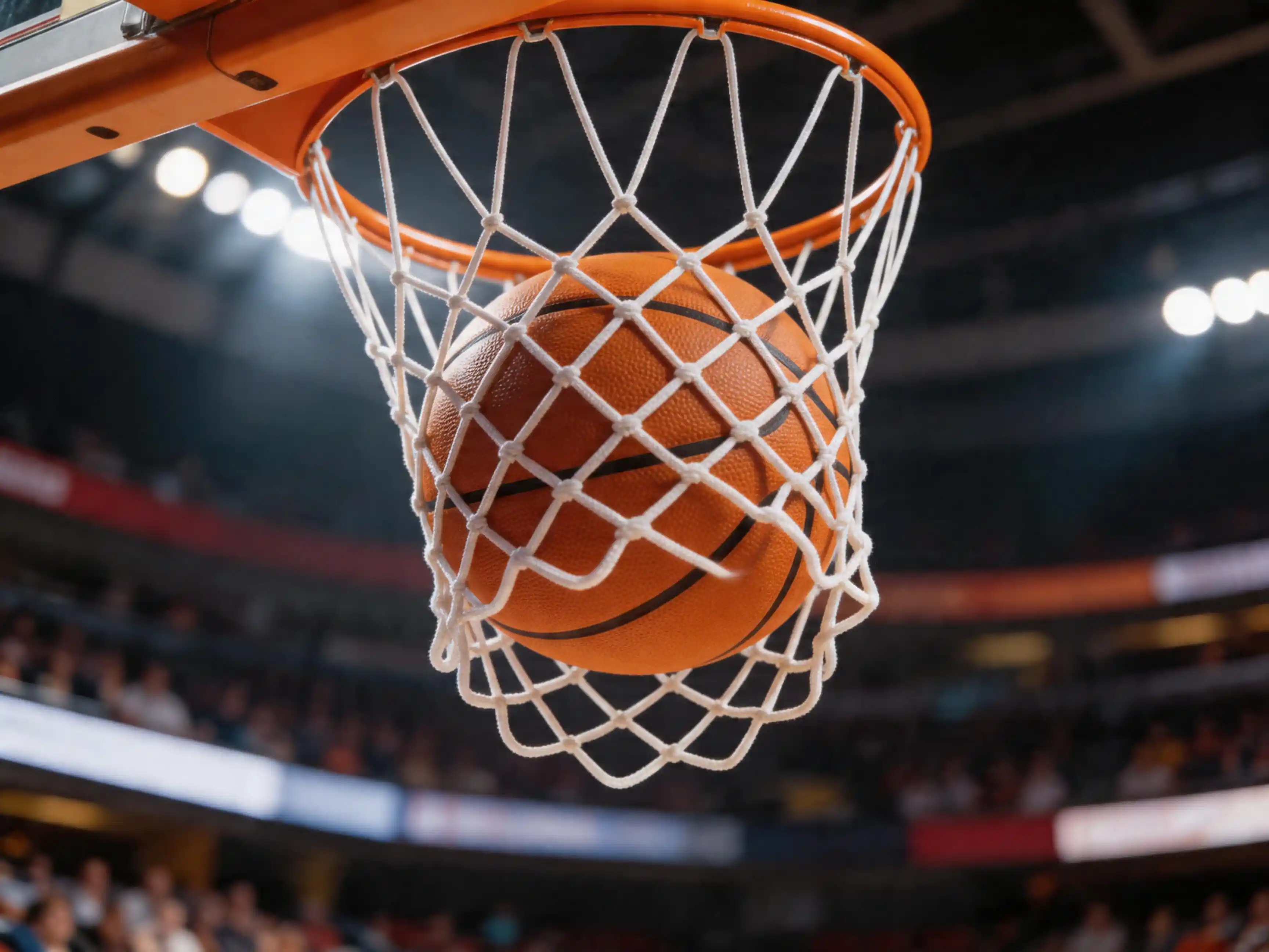 NBA basketball going through hoop during game-winning shot