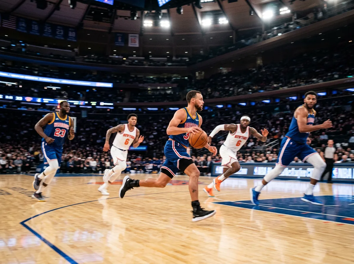 NBA players in fast break transition play on basketball court