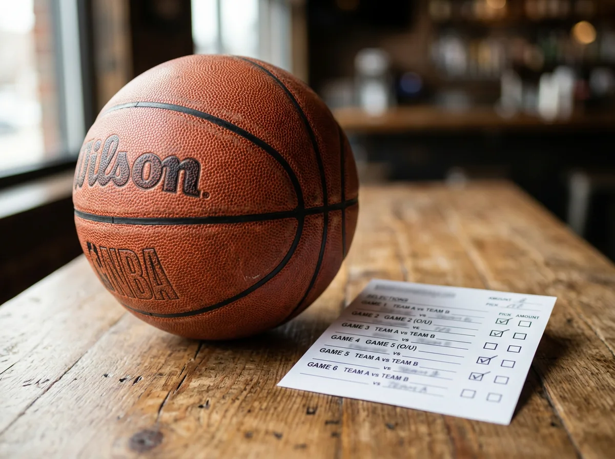 Basketball and betting slip showing multiple NBA game selections for parlay wager