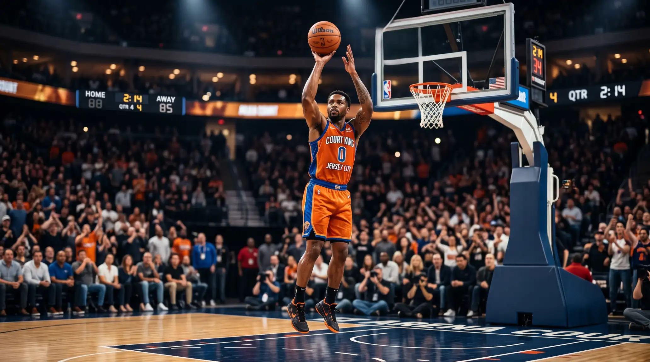 Basketball player shooting during an NBA game with statistics overlay