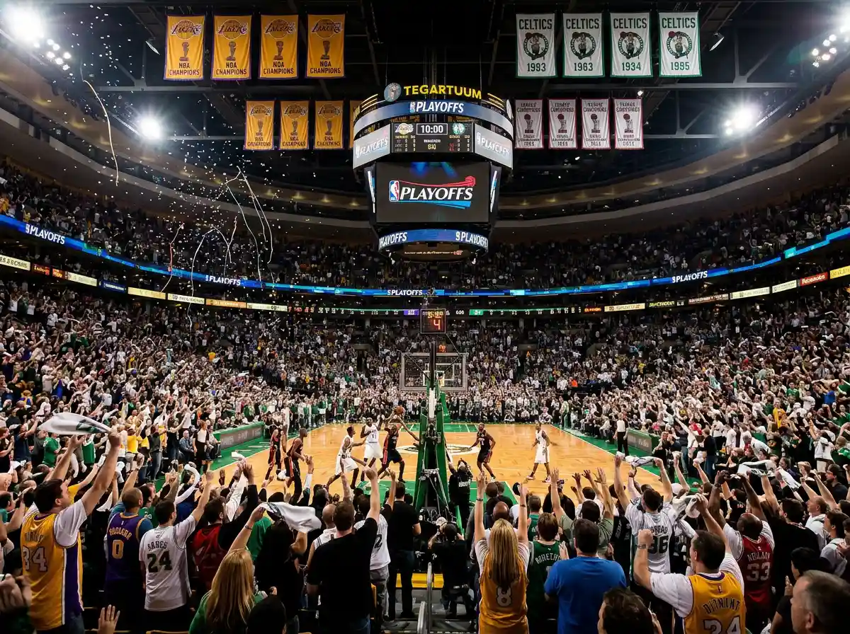 Intense NBA playoff game with packed arena and championship banners