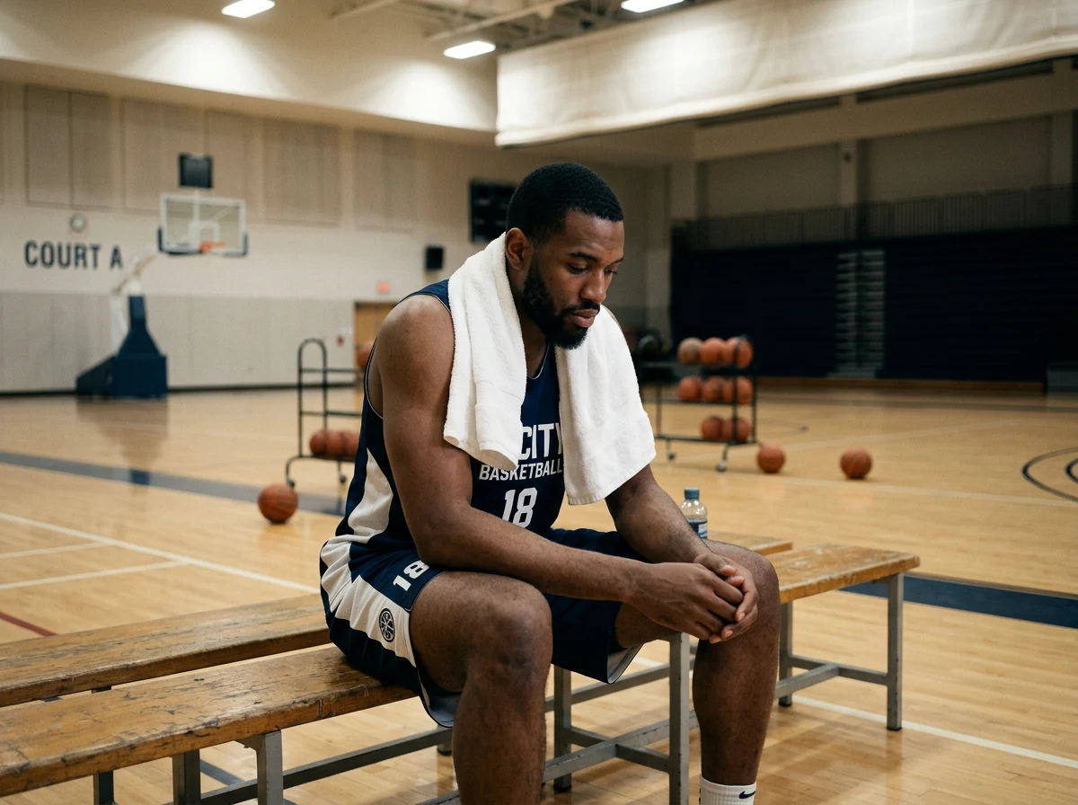 NBA basketball player resting on bench during practice session