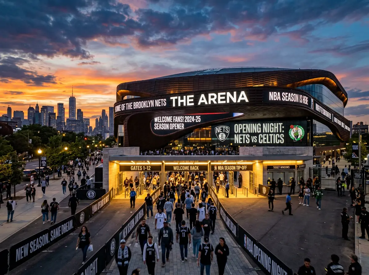 NBA basketball arena exterior with season schedule display board