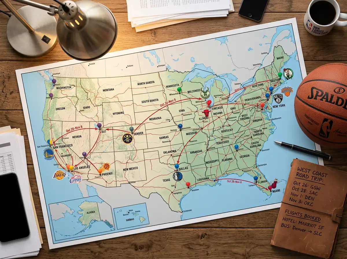 NBA team travel schedule showing back-to-back game routes across time zones