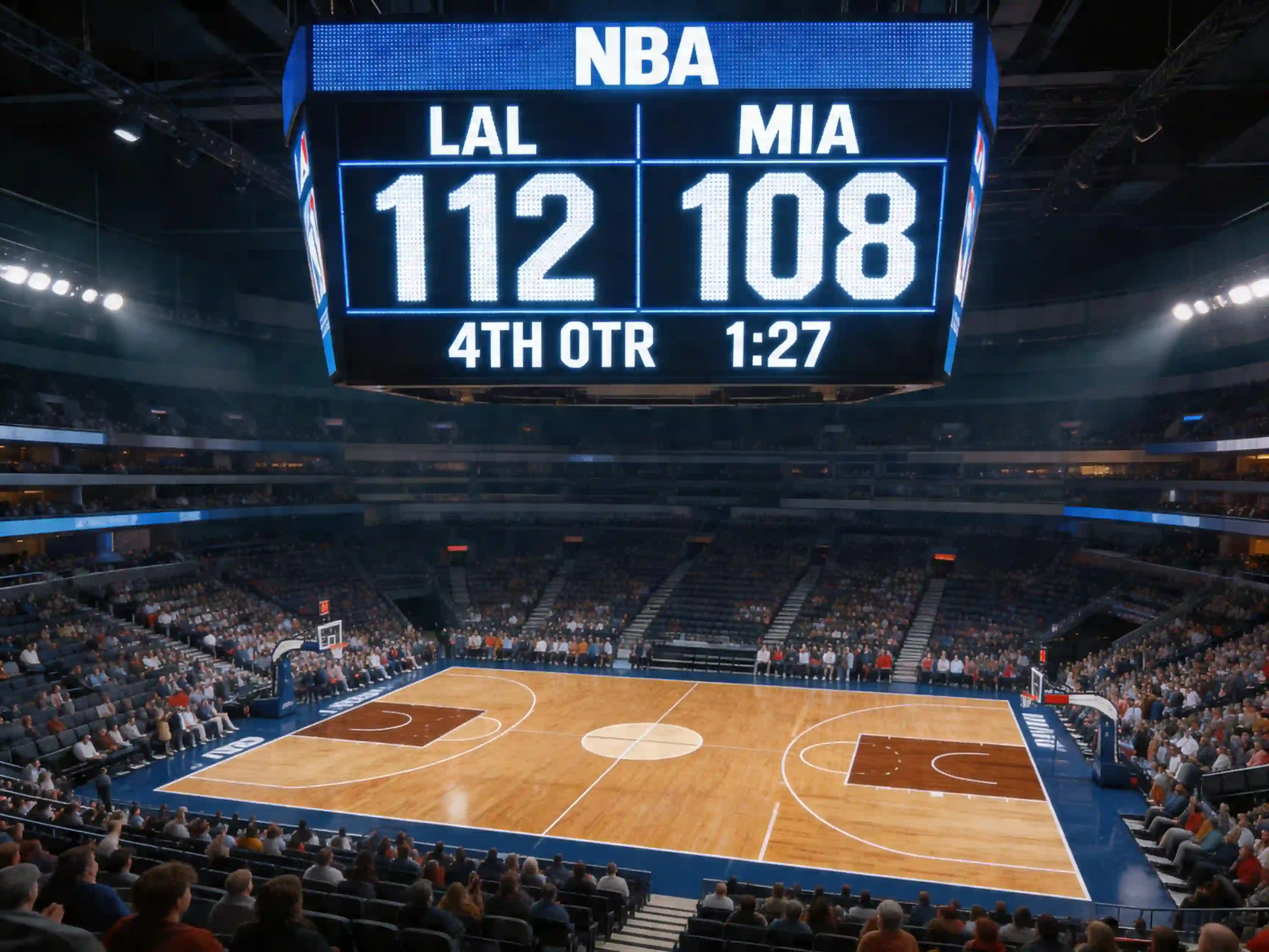 Basketball scoreboard showing high-scoring NBA game with arena in background
