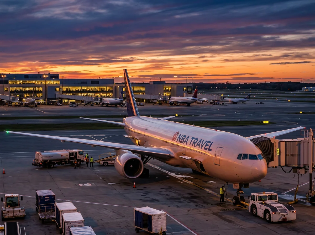 NBA team airplane on tarmac ready for cross-country basketball road trip