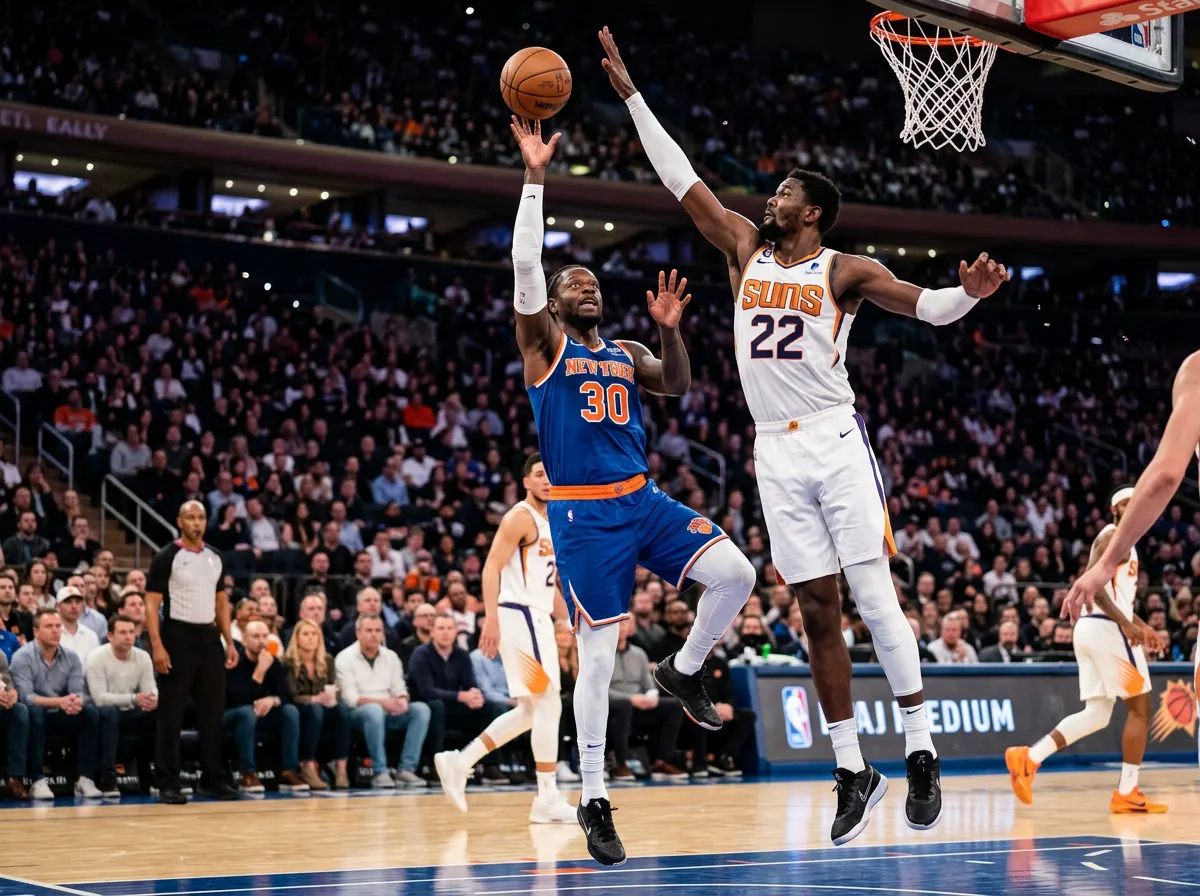 NBA basketball player from underdog team shooting against favoured opponent